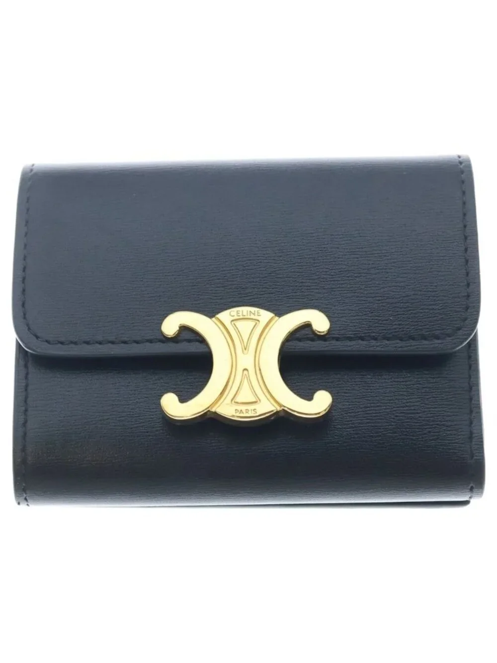 Celine Triomphe Shiny Calfskin Gold Trifold Wallet Compact Black